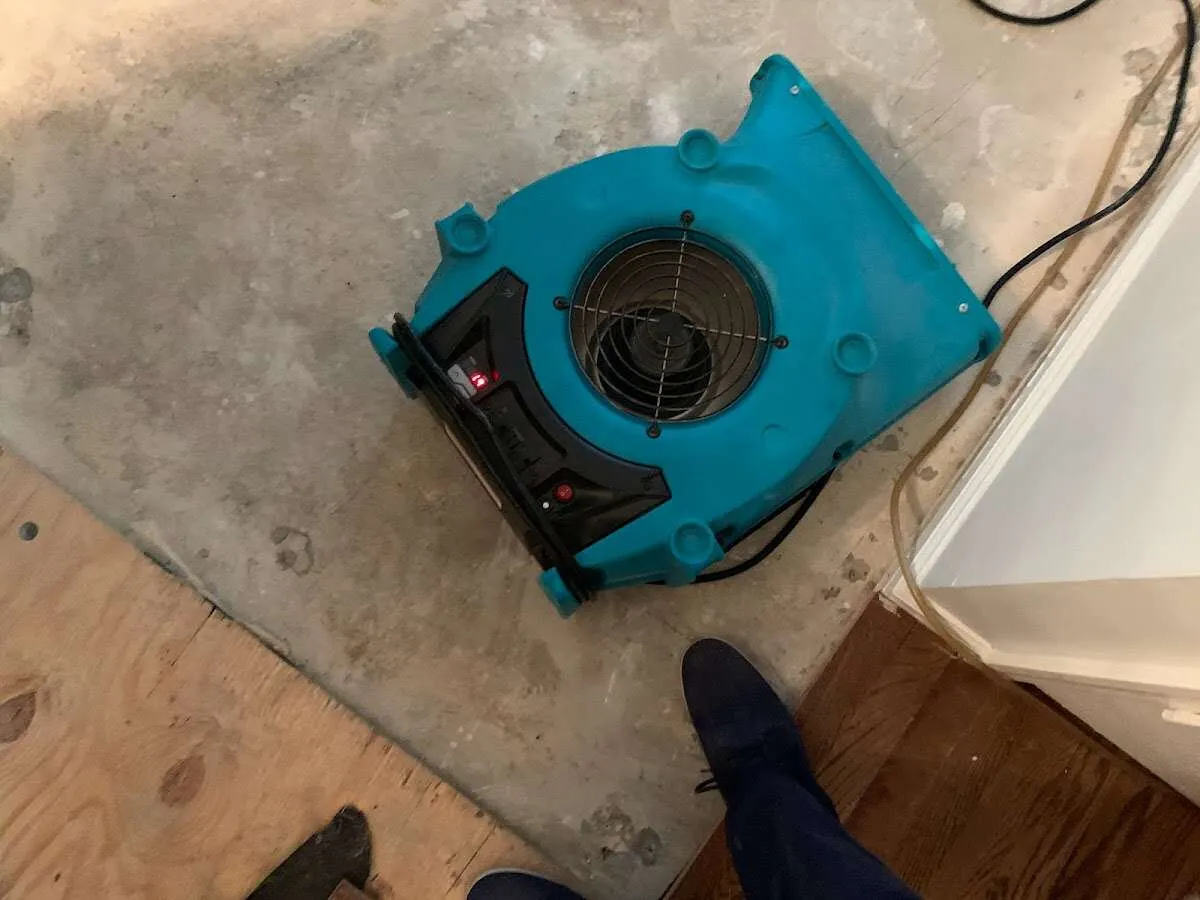 Air mover drying subfloor during Leak Detection & Repair in Broadlands